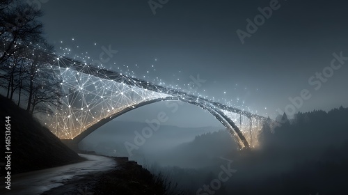 A conceptual image of a bridge made of light and data, connecting two landscapes, gaps and fostering partnerships. Corporate and Business AI Future Tech and Innovation Digital 