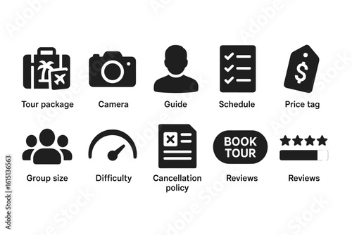 Travel planning solid icon set. tour, booking, itinerary icons solid collection