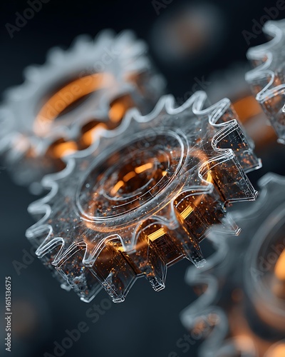 A conceptual image of gears interlocking, with one gear made of light and digital patterns, in innovation. Corporate and Business AI Future Tech and Innovation Digital Lifestyle and Connectivity