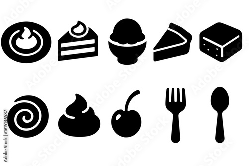 Food and dessert silhouette icon set. cake, ice cream, and more food illustrations.
