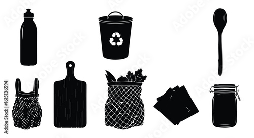 Vector silhouette illustration set. Collection of ecofriendly items for sustainable living, including a reusable bottle, trash can, spoon, cutting board, produce bag, napkins, and jar