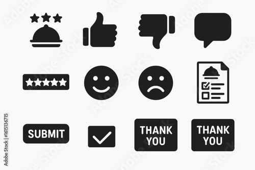 Feedback and review solid icon set. satisfaction, opinion, rating, submission icons collection