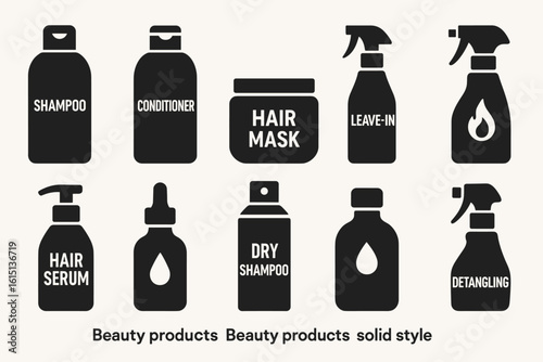 Beauty products solid icon set. essential grooming and hair care symbols collection