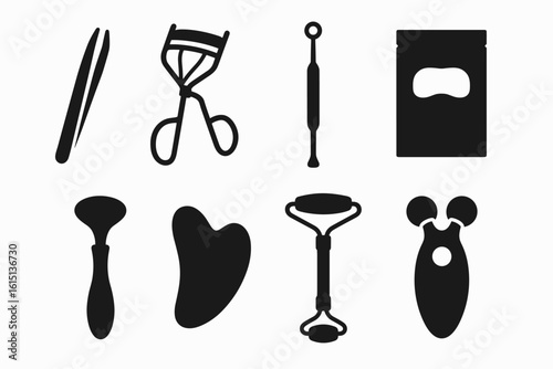 Beauty tools silhouette icon set. cosmetics, skincare icons silhouette collection