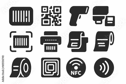 Barcode and scanner solid icon set. essential retail and technology icons collection