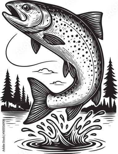 Leaping trout fishing illustration isolated on white background