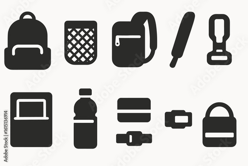 Travel, backpack solid icon set. essential travel, camping gear symbols collection