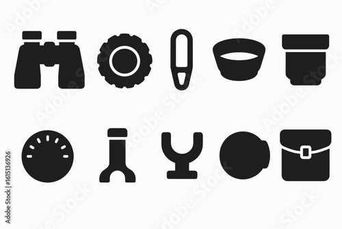 Photography equipment solid icon set. camera, lens, and tripod solid collection