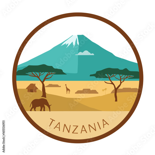 Vector of Tanzania with Mount Kilimanjaro, acacia trees, animals and huts in savanna landscape. African safari travel badge
