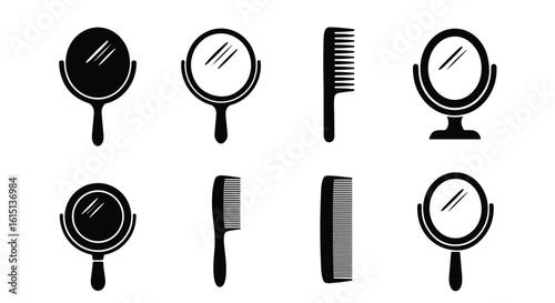 Vector silhouette illustration set. Collection of vintage and modern mirrors and combs for hair styling and beauty