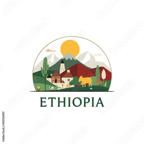 Wallpaper Mural Vector illustration of Ethiopia with village, cattle, green fields, sun and mountains. Rural landscape and cultural travel concept Torontodigital.ca
