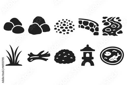 Japanese garden solid icon set: nature, elements, pond, bridge, zen collection