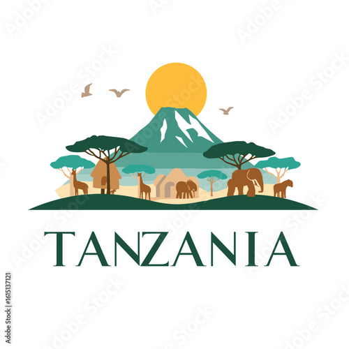 Flat vector of Tanzania with Kilimanjaro, sun, trees and wildlife. Safari scene with elephants and giraffes in African savanna