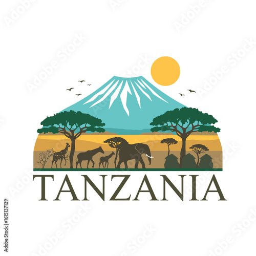 Detailed vector artwork of Tanzania with Kilimanjaro, wildlife, trees, sun and birds. African safari and travel destination concept