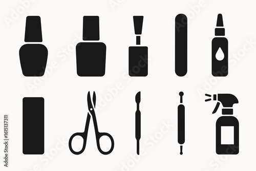 Nail care silhouette icon set. manicure, grooming, hygiene silhouette collection