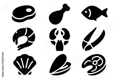 Food, seafood silhouette icon set. fish, shellfish, lobster silhouette collection