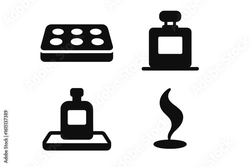 Perfume, soap silhouette icon set. aroma, fragrance, scent silhouette collection