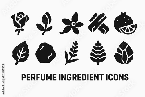 Perfume ingredients icon set. natural scents symbols in silhouette style