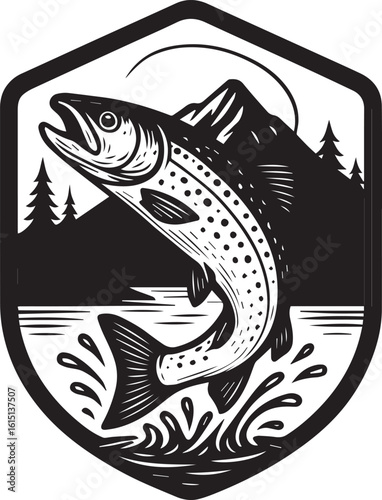 Leaping trout fishing emblem with mountain and forest scene isolated on white background