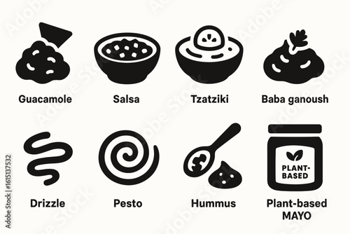 Mexican and mediterranean solid icon set. guacamole, hummus, salsa, baba ganoush icons
