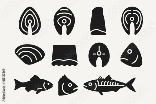 Seafood silhouette icon set. fish, seafood varieties collection in silhouette style