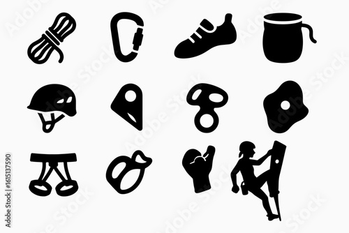 Climbing gear solid icon set. essential mountain and rock climbing icons collection