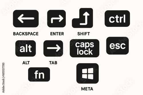 Keyboard shortcut solid icon set. backspace, enter, shift, ctrl, alt solid icons