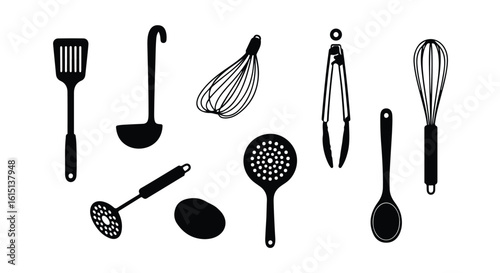 Vector silhouette illustration a variety of kitchen utensils and a single eggplant are displayed, including a ladle, tongs, a peeler, a spoon, and a skimmer