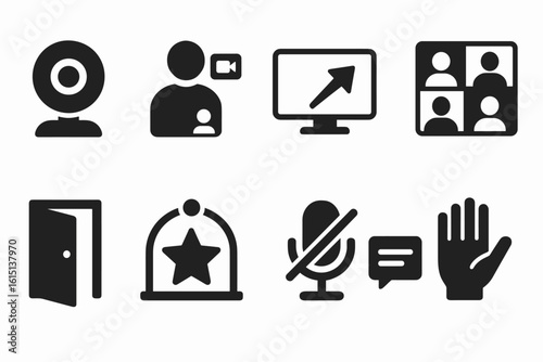 Communication, conference solid icon set. video, call, microphone, meeting symbols