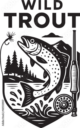 Vintage wild trout fishing emblem with fly rod and reel isolated on white background