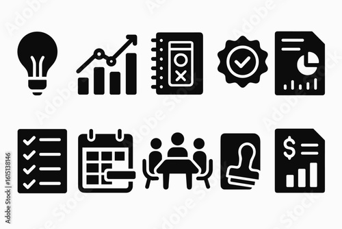 Business and productivity solid icon set. charts, documents, meeting icons collection