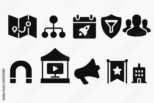 Business, marketing solid icon set for effective strategy and promotion
