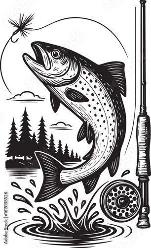 Leaping trout fishing scene with fly and rod isolated on white background