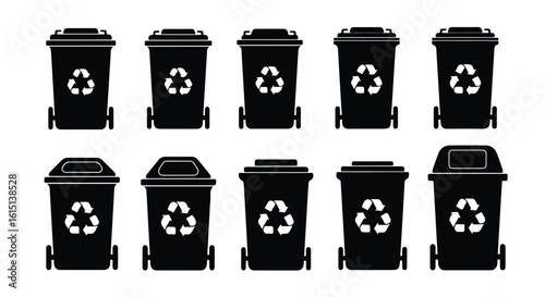 Vector silhouette illustration set. Collection of ten black recycling bins with the universal recycling symbol on a white background