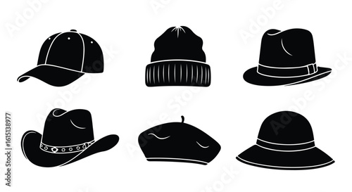 Vector silhouette illustration a collection of stylish headwear, featuring a beanie and a beret