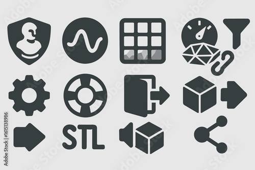 Technology and tools solid icon set. gadgets, devices, and software in solid style