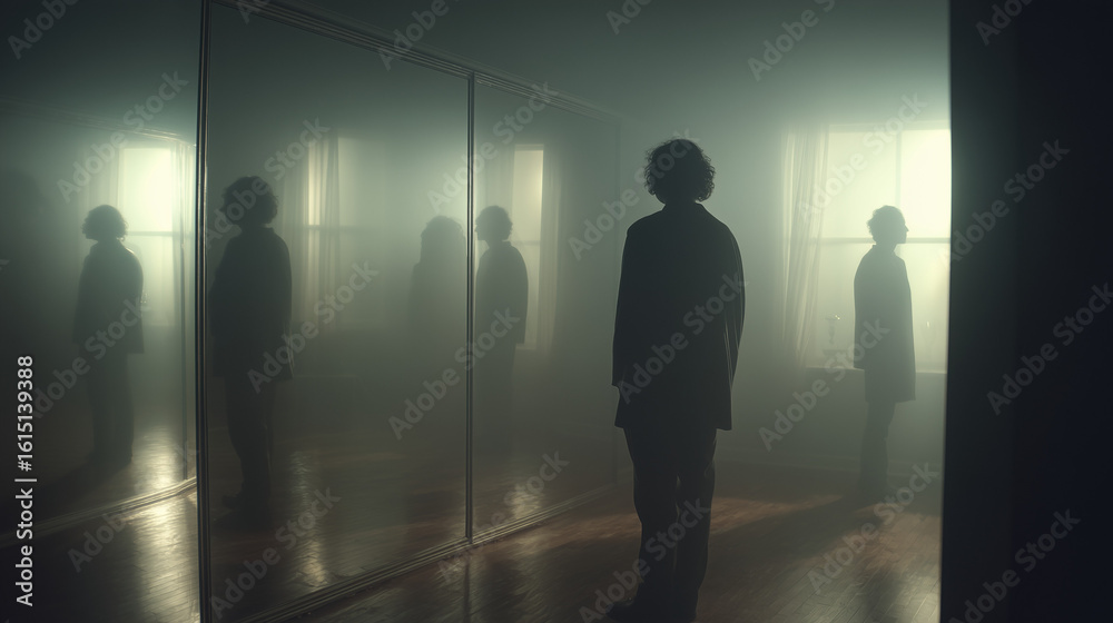 Fototapeta premium Person stands alone in front of mirror with shadowy reflections.