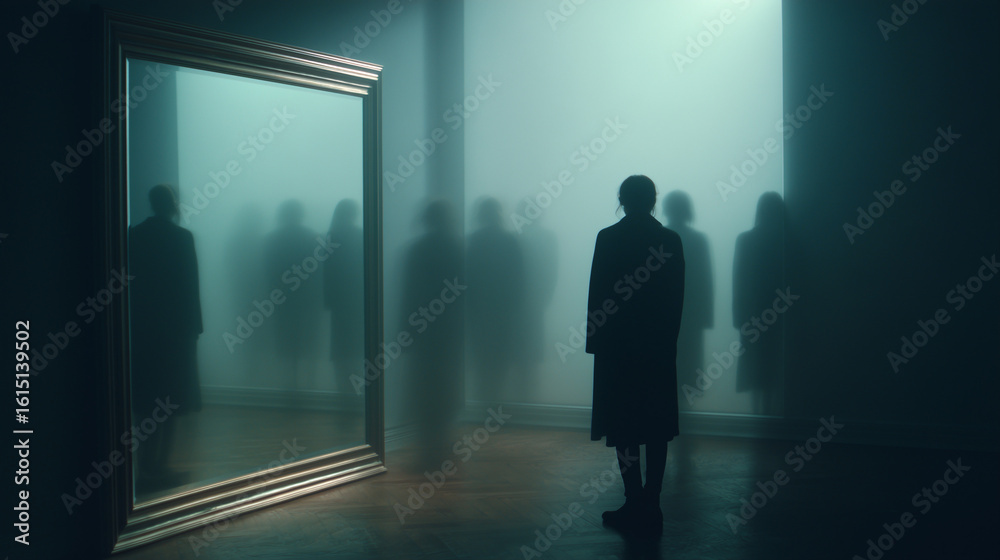 Obraz premium Person stands alone in front of mirror with shadowy reflections.