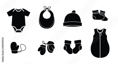 Vector silhouette illustration set. Collection of black baby clothing icons including a bodysuit, bib, hat, socks, mittens, and sleeping bag, isolated on a white background