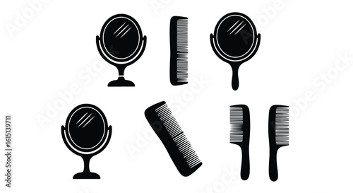 Vector silhouette illustration set. Collection of black silhouette icons featuring combs and mirrors, representing hair care and beauty tools