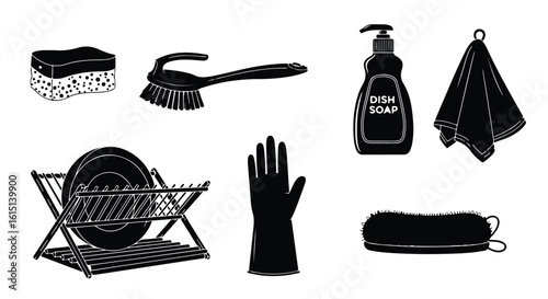 Vector silhouette illustration set. Collection of essential dishwashing tools including a sponge, brushes, dish soap, gloves, towel, and drying rack