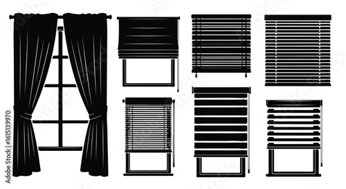 Vector silhouette illustration different types of window blinds and shades for interior decoration and light control