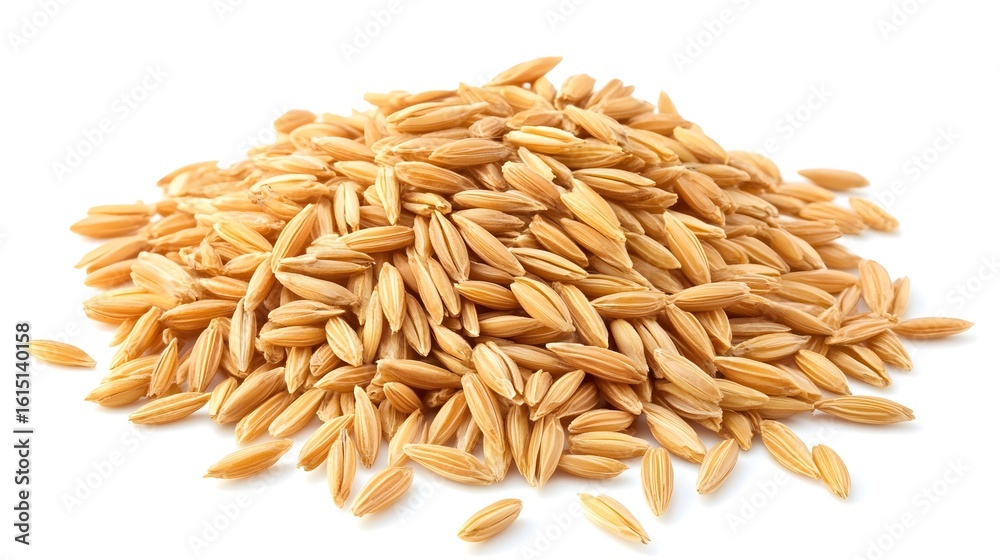 Obraz premium Photograph of uncooked rice grains piled on a white background, showcasing their shape and texture.