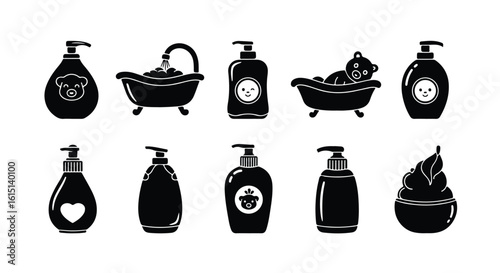 Vector silhouette illustration set a charming collection of baby bath time icons featuring soap bottles, a bathtub with a teddy bear, and other hygiene products