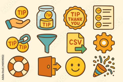 Tip, donation flat icon set. gratitude, volunteer support symbols collection