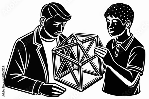 People examine geometric cube