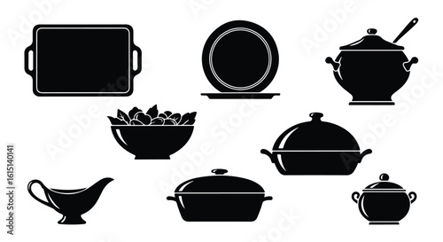Vector silhouette illustration a collection of kitchenware and serving dishes, including pots, bowls, and plates