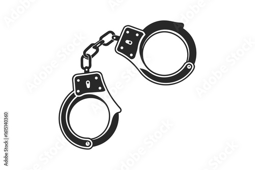 A stark black silhouette of a pair of metal handcuffs connected by a chain isolated on a clean white background isolated on white background