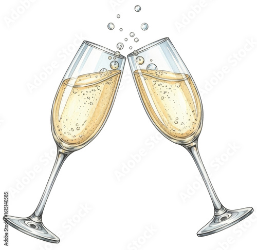 two champagne glasses toasting, a festive watercolor celebration