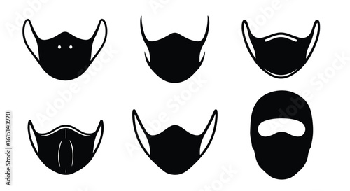 Vector silhouette illustration set. Collection of black silhouette icons depicting various types of face masks and a balaclava